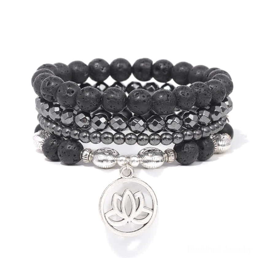 Pure lava rock lotus bracelet in classic black with silver lotus charm - meditation bracelet