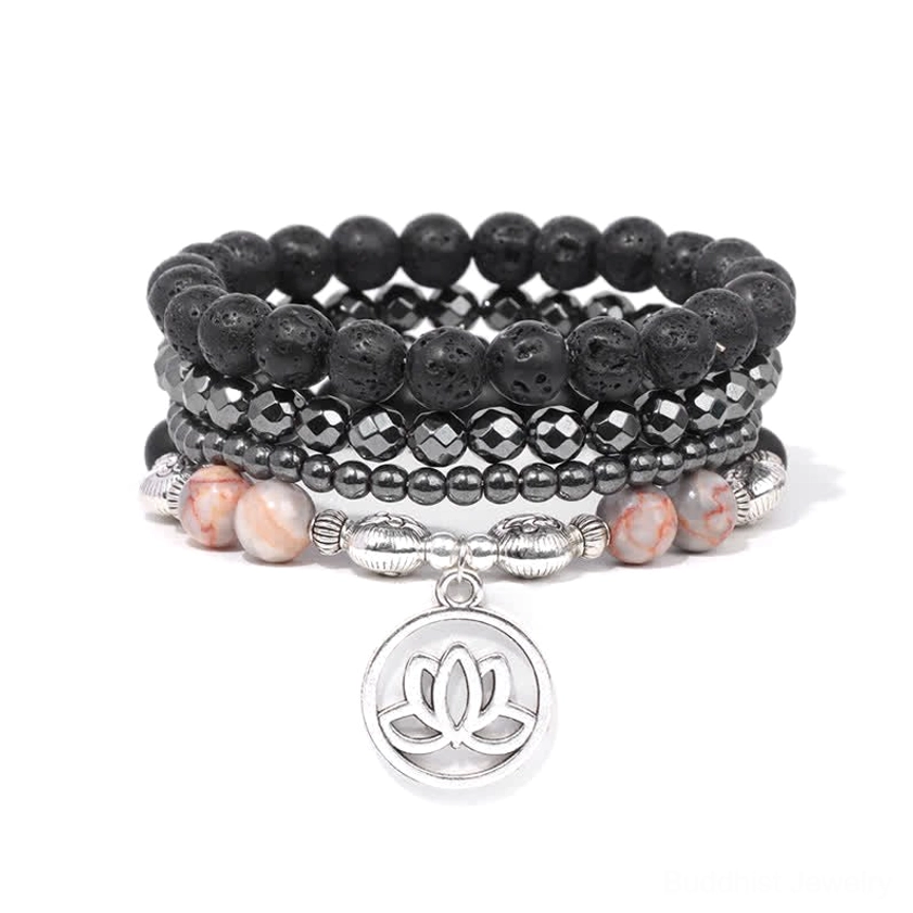 Elastic lava stone lotus bracelet with pink striped gemstone beads and lotus charm pendant