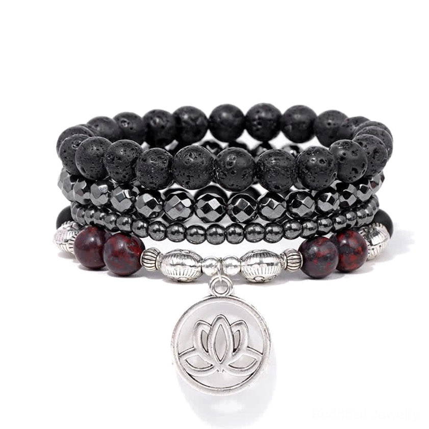Lava rock lotus bracelet featuring red striped accent beads and lotus metal charm