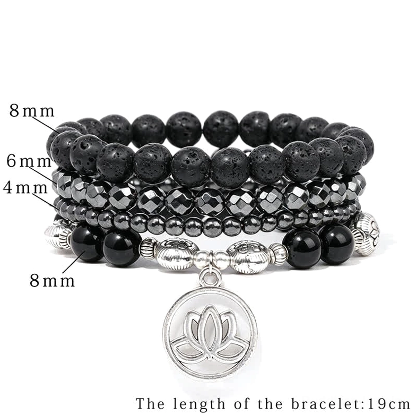 Lava stone lotus bracelet with Shoushan stone beads and silver lotus pendant charm