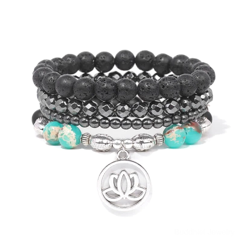 Lava rock lotus bracelet with white turquoise and teal accent beads - spiritual wrist wear