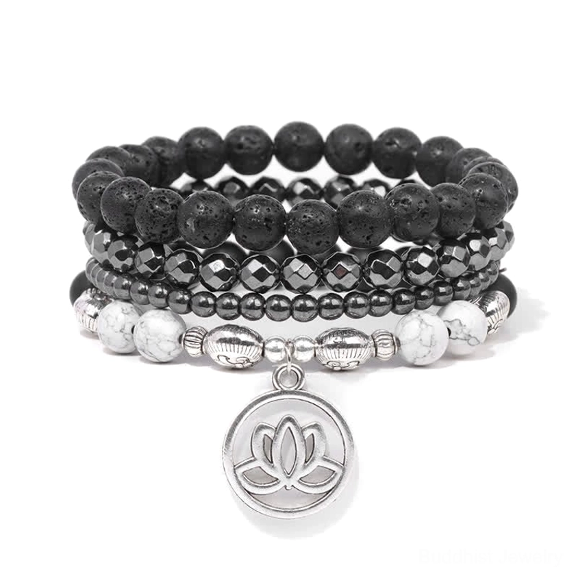 Buddhist lava stone lotus bracelet with white turquoise beads and silver lotus charm