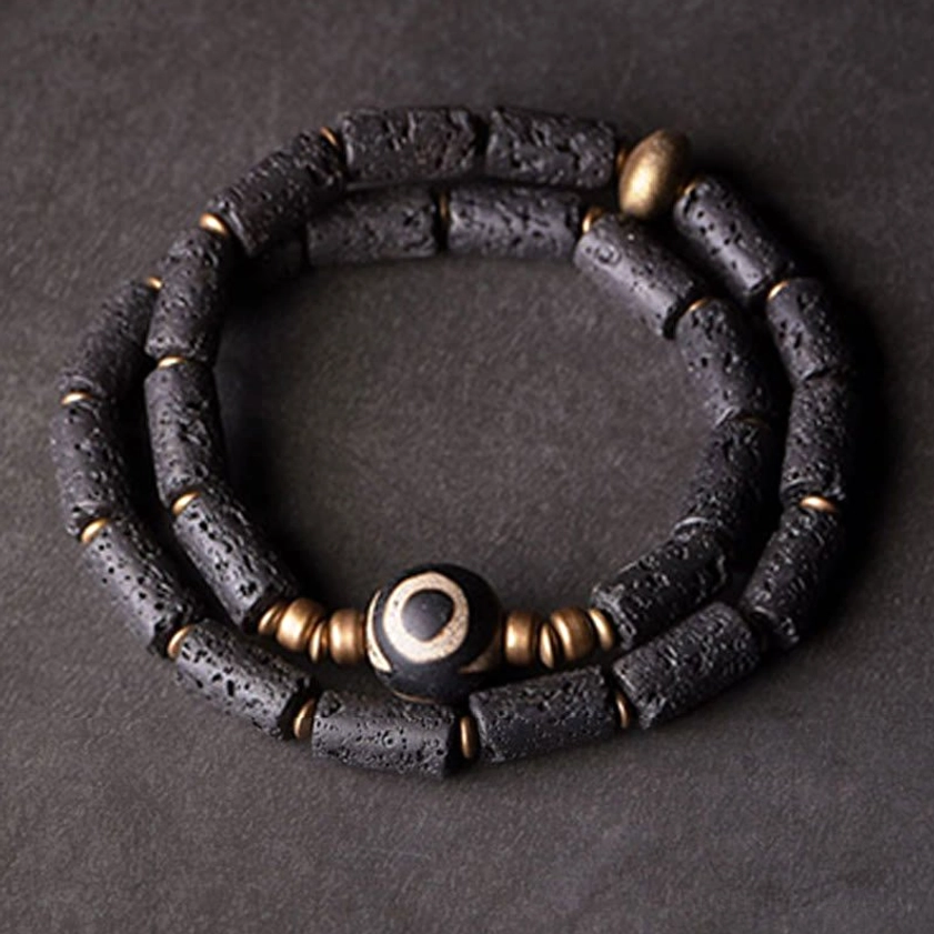 Coiled multi-turn lava rock three-eye Dzi bead bracelet with brass spacer beads