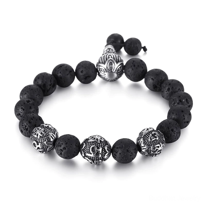 Lava rock Buddhist bracelet with Six True Words mantra beads, crafted for grounding and emotional balance