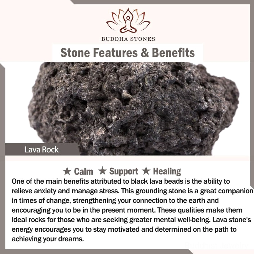 Lava Rock gemstone properties graphic showcasing calm, support, healing and grounding energy benefits