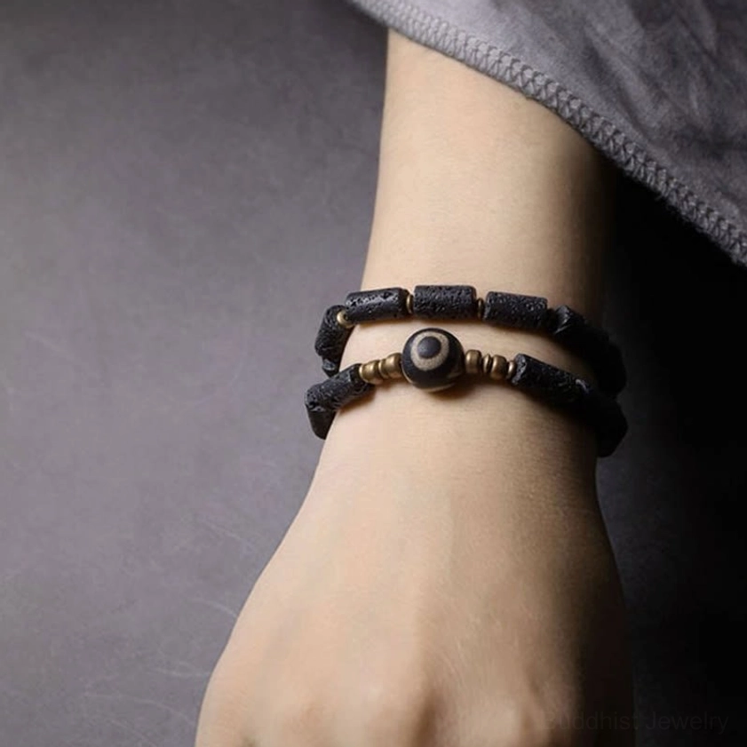Lava rock three-eye Dzi bead wrap bracelet for balance protection and spiritual grounding