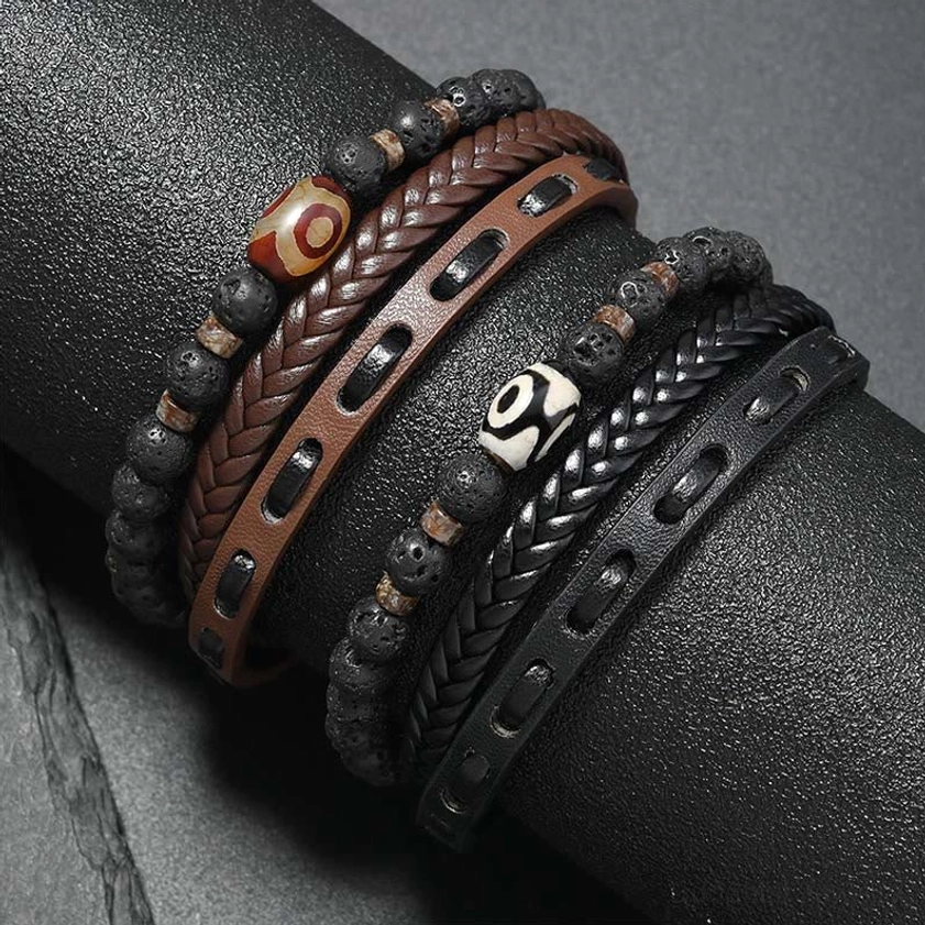 Layered leather dzi bead lava rock bracelet detail black and brown straps
