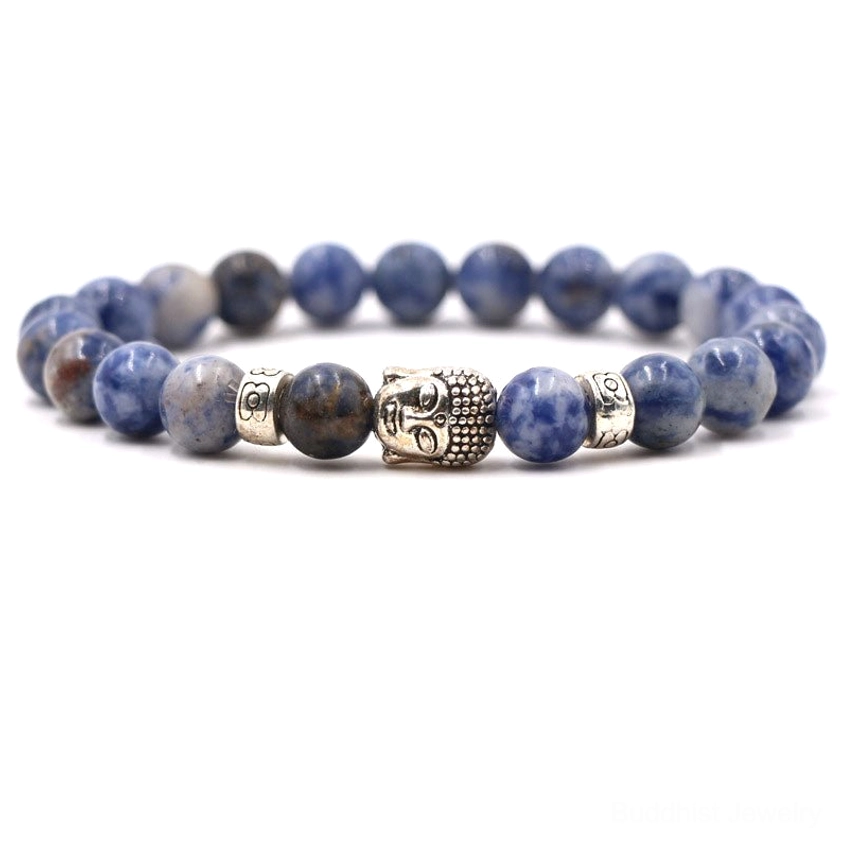Lazurite blue stone bracelet with Buddha symbol, natural round beads, serenity meditation bracelet