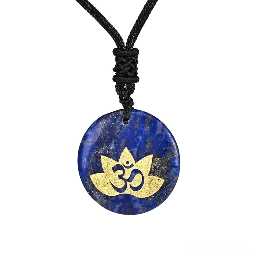 Lazurite blue stone OM Lotus necklace - premium lapis lazuli crystal pendant with black braided rope and gold spiritual engraving