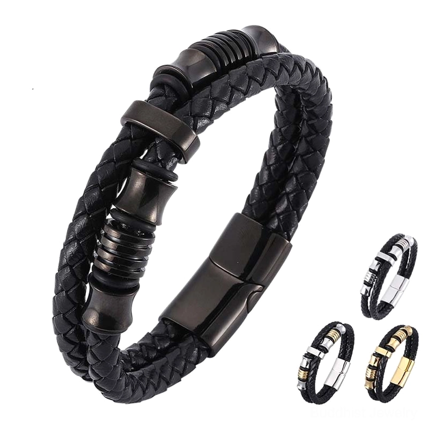 Black braided leather bracelet side view showing magnetic clasp and decorative metal bead accents