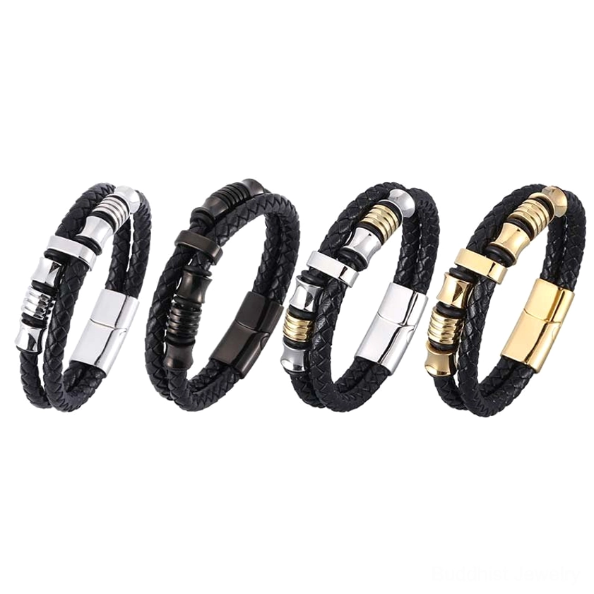 Complete collection of four leather weave bracelets in silver gold and black finish options flat lay