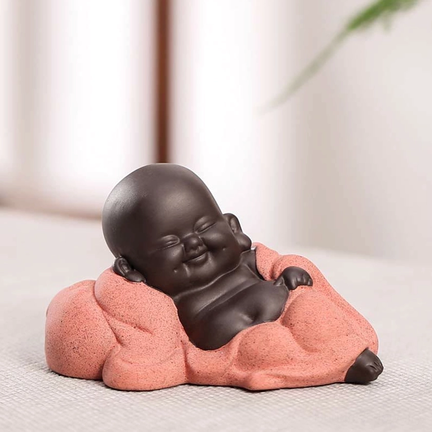 Leisurely laughing Buddha handcrafted statue with relaxed pose, purple clay Buddhist decoration for home and office