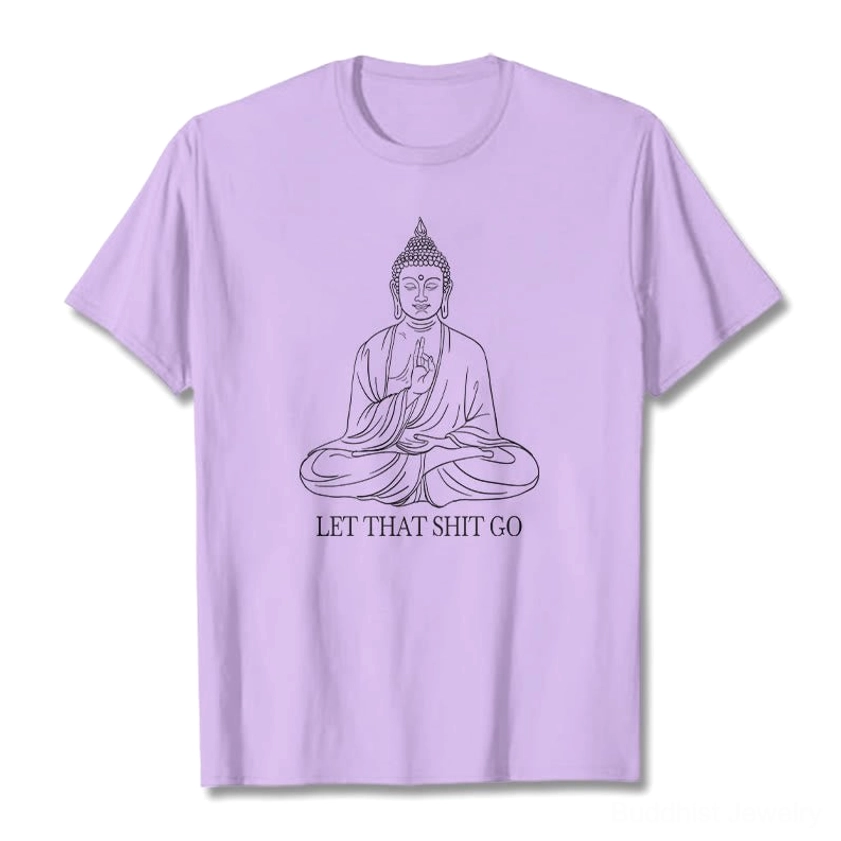 Plum purple let that shit go Buddha graphic T-shirt flat lay front view