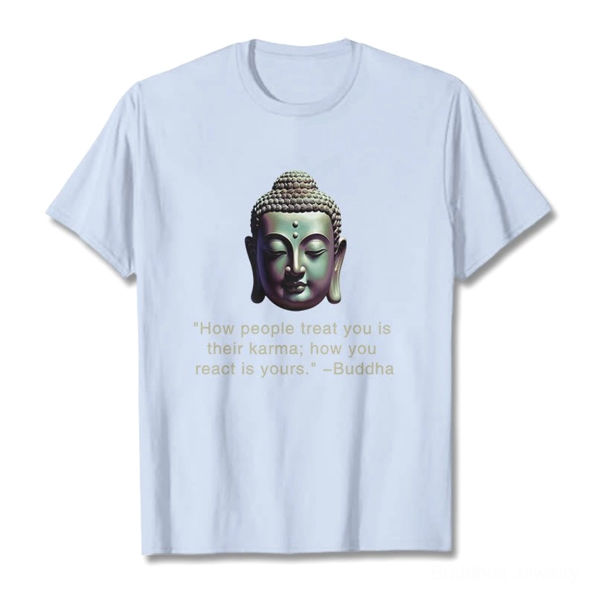 Light blue pastel Buddha karma quote t-shirt flat lay front view crew neck short sleeves