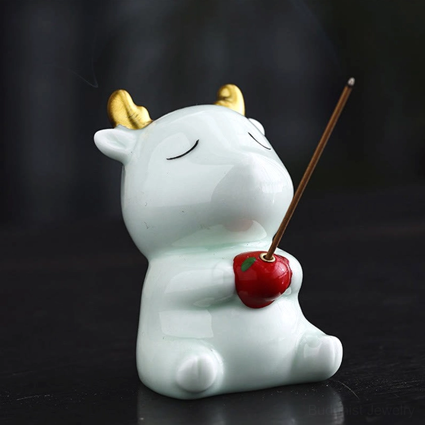 Light Blue Ceramic Deer Incense Burner with Golden Antlers - Calming Meditation Holder