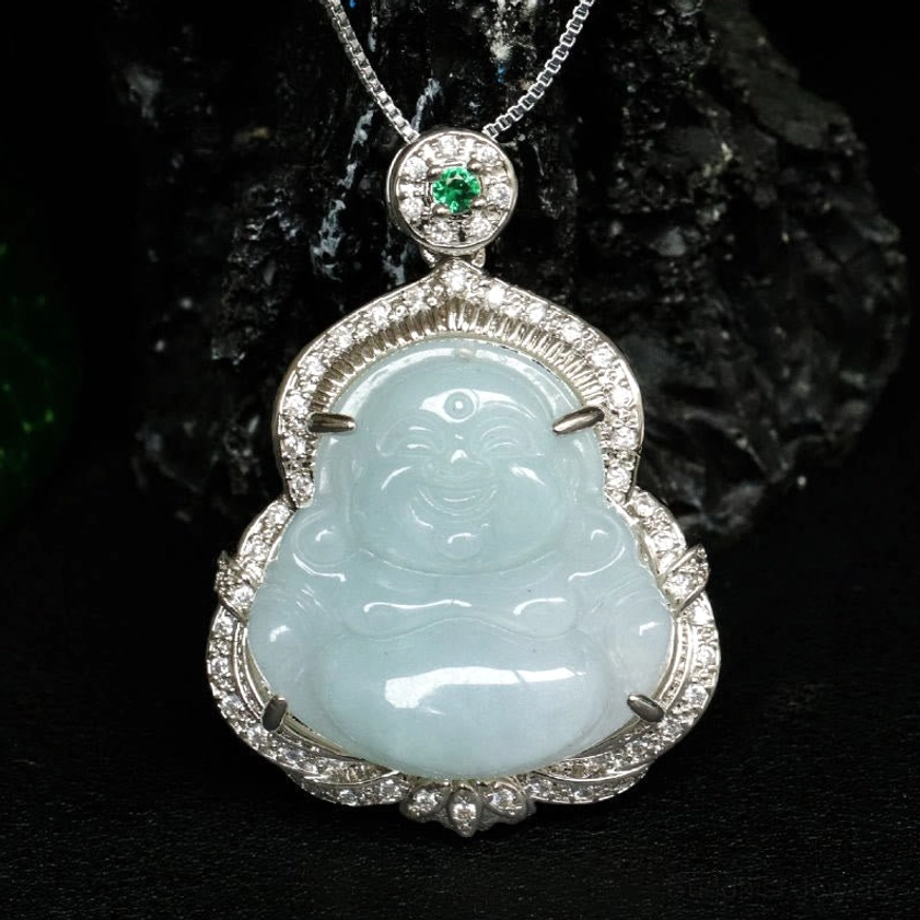 Light blue jade Laughing Buddha pendant necklace front flat view with detailed Buddha carving