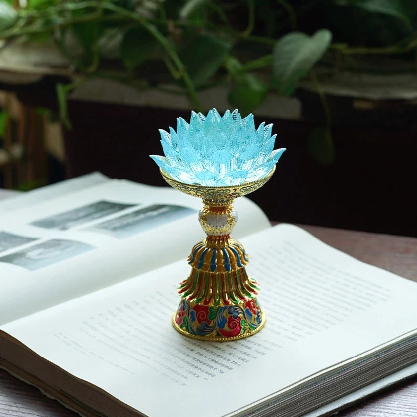 Light blue liuli lotus lamp for tranquility and spiritual serenity