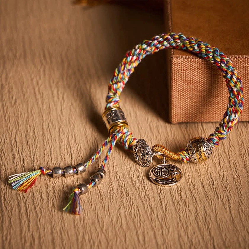 Light Colorful Braided Buddhist Bracelet Fu Character and Swastika Symbols