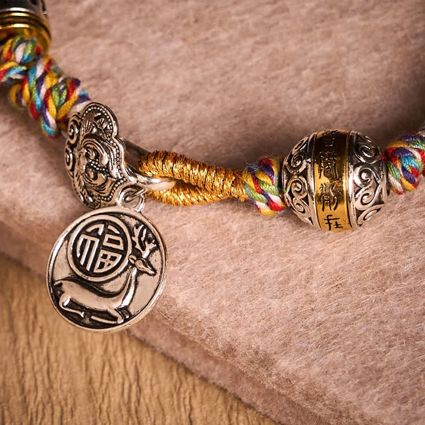 Light Colorful Woven Buddhist Bracelet Silver Charms Close-up