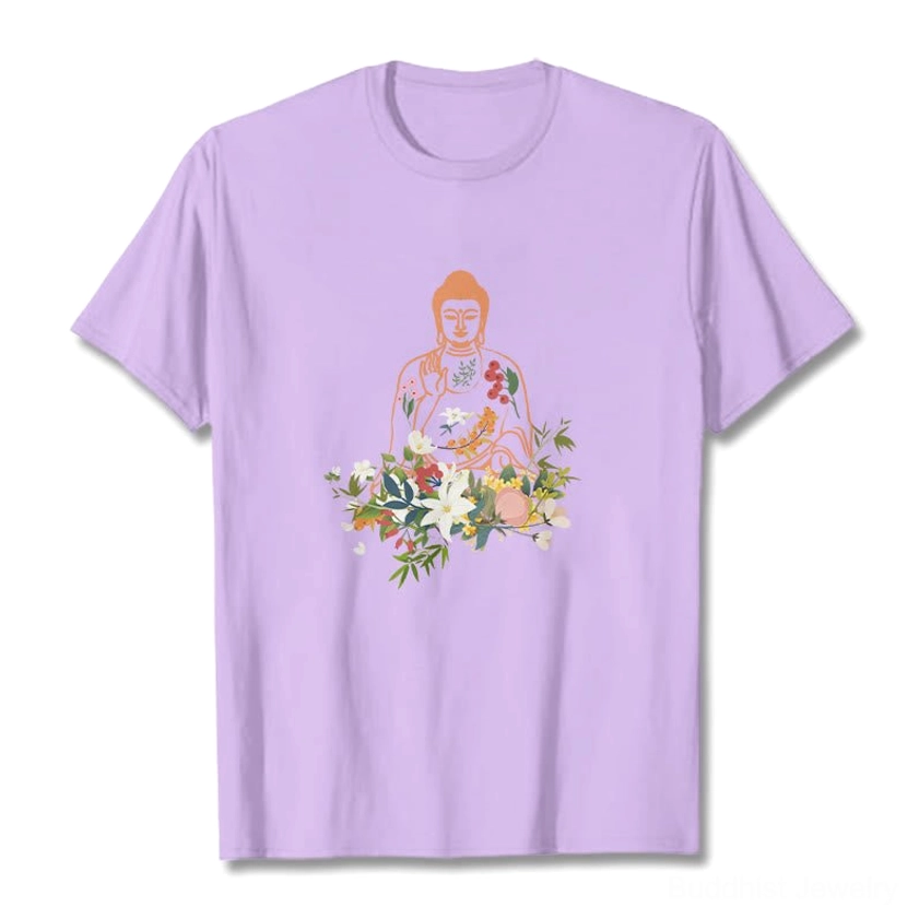 Light cyan Buddha blooming flowers t-shirt flat lay front view - soft spiritual tee