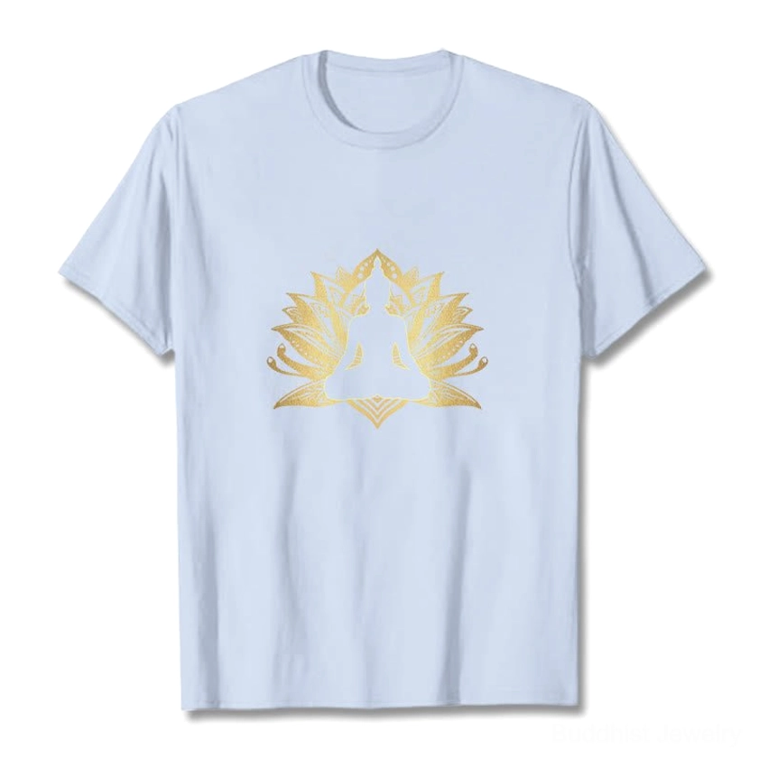 Light cyan Buddha lotus meditation graphic t-shirt with gold print, flat lay front view on studio background