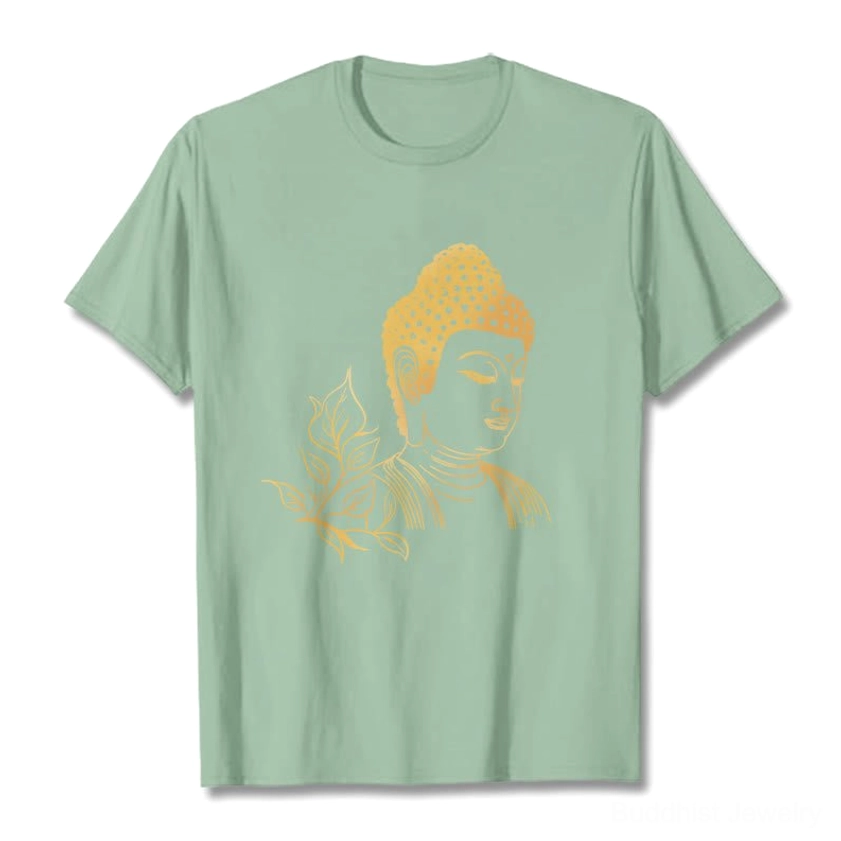 Light cyan Buddhist meditation graphic tee with gold Buddha and leaf print