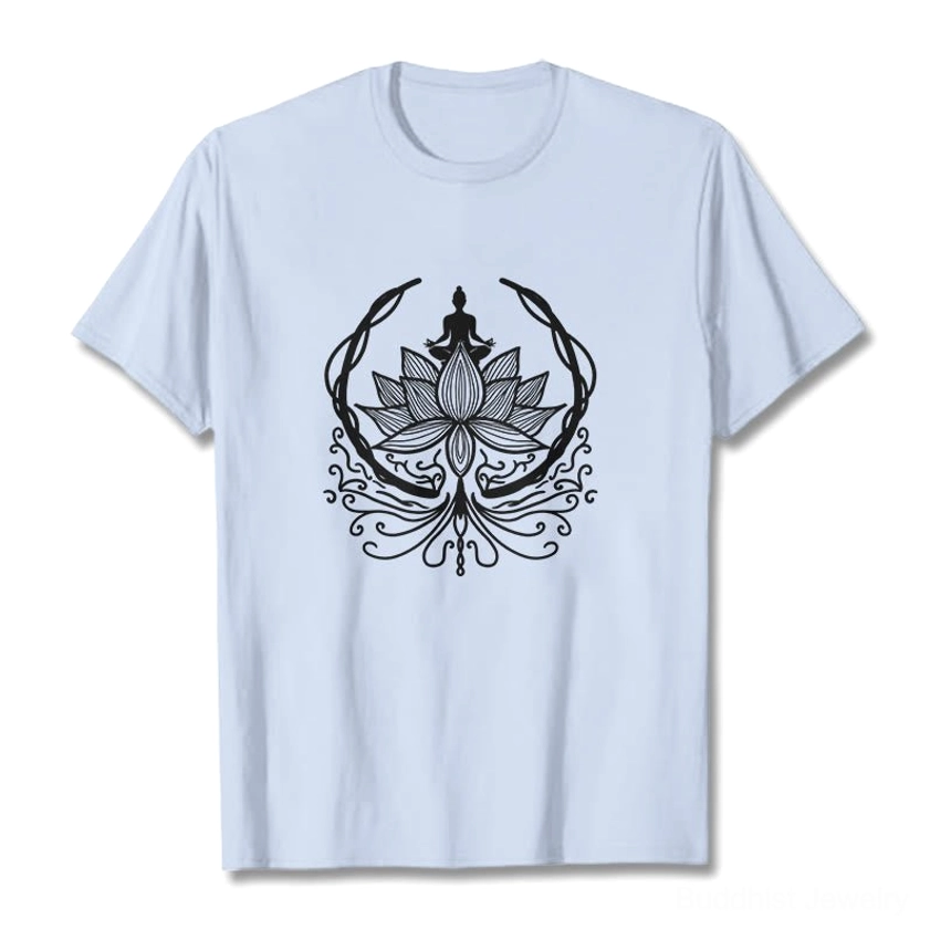 Light cyan Buddhist meditation t-shirt featuring white Buddha and lotus flower spiritual design