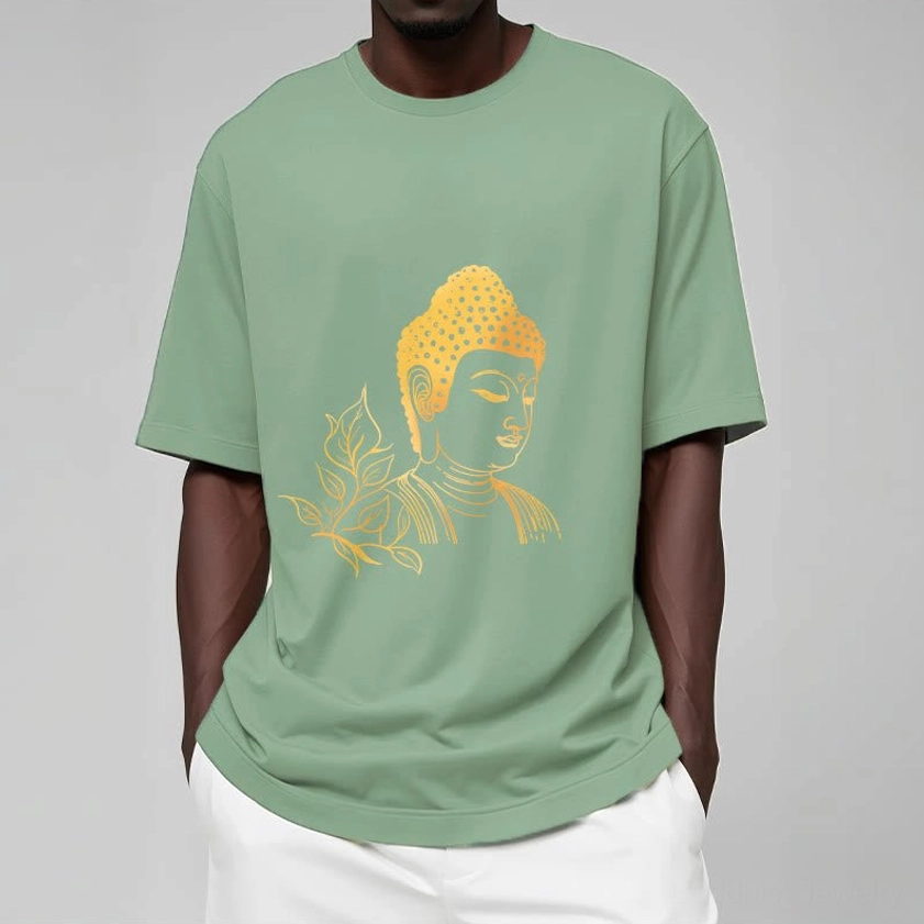 Person styling light cyan Buddhist t-shirt with gold Buddha design in casual outfit
