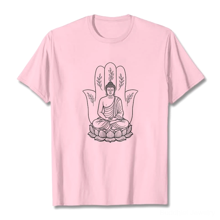 Woman styling light cyan Buddha spiritual t-shirt everyday casual outfit