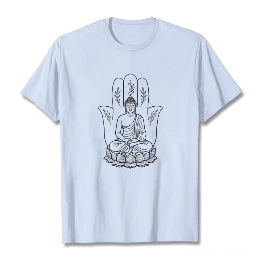 Light cyan blue Buddha lotus spiritual t-shirt flat lay front design view