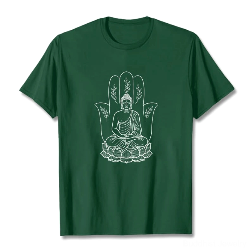 Light cyan blue Buddha lotus hand spiritual cotton t-shirt front flat view