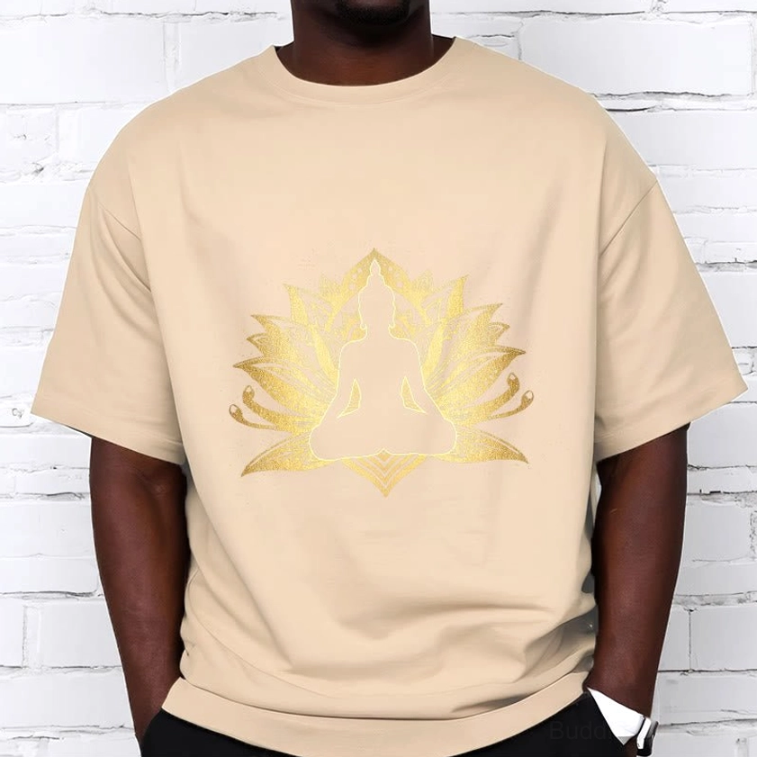 Buddha lotus meditation graphic t-shirt in light cyan color with gold foil print, product detail view