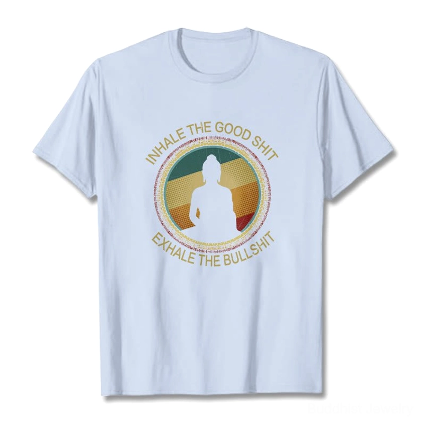Light cyan mindfulness Buddha meditation cotton t-shirt front view on male model, casual styling