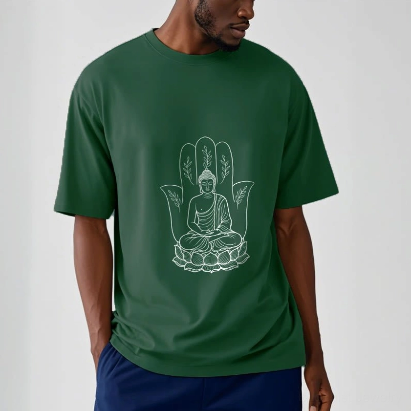 Man wearing light cyan Buddha lotus spiritual t-shirt casual daily style