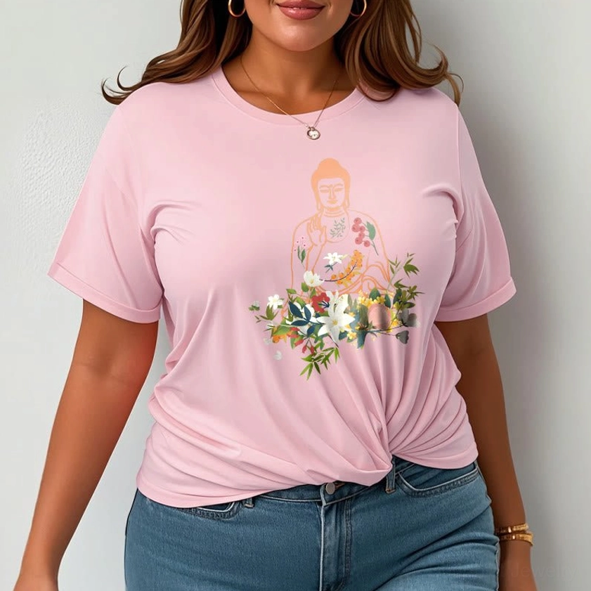 Light cyan Buddha flower print t-shirt on model showing true-to-size fit