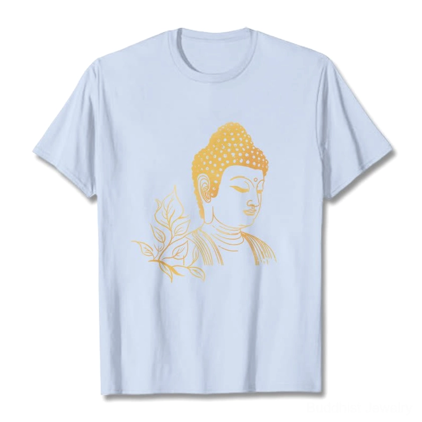 Light cyan Buddhist meditation t-shirt multiple angles showing fit and gold Buddha print