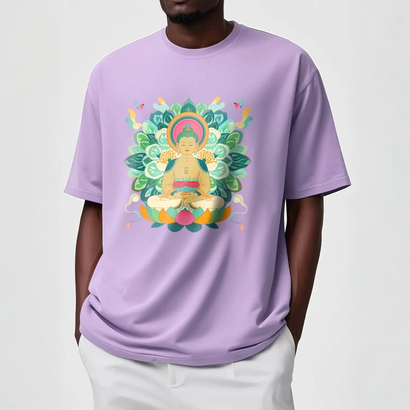 Light cyan Buddhist butterfly lotus graphic tee spiritual fashion casual style shirt