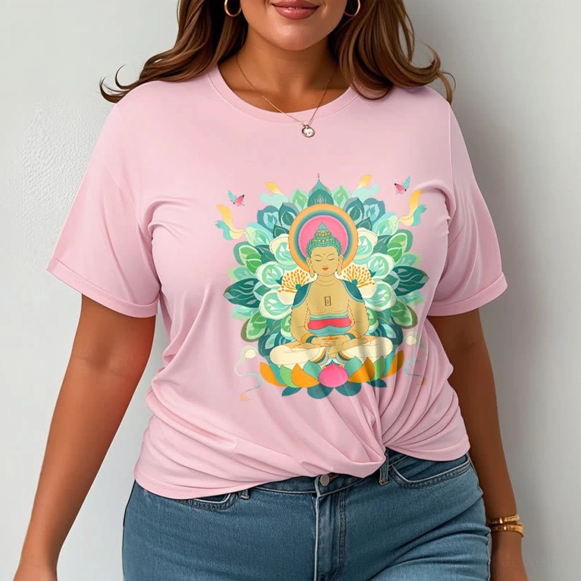 Light cyan Buddhist lotus graphic t-shirt with spiritual print mindfulness cotton casual wear