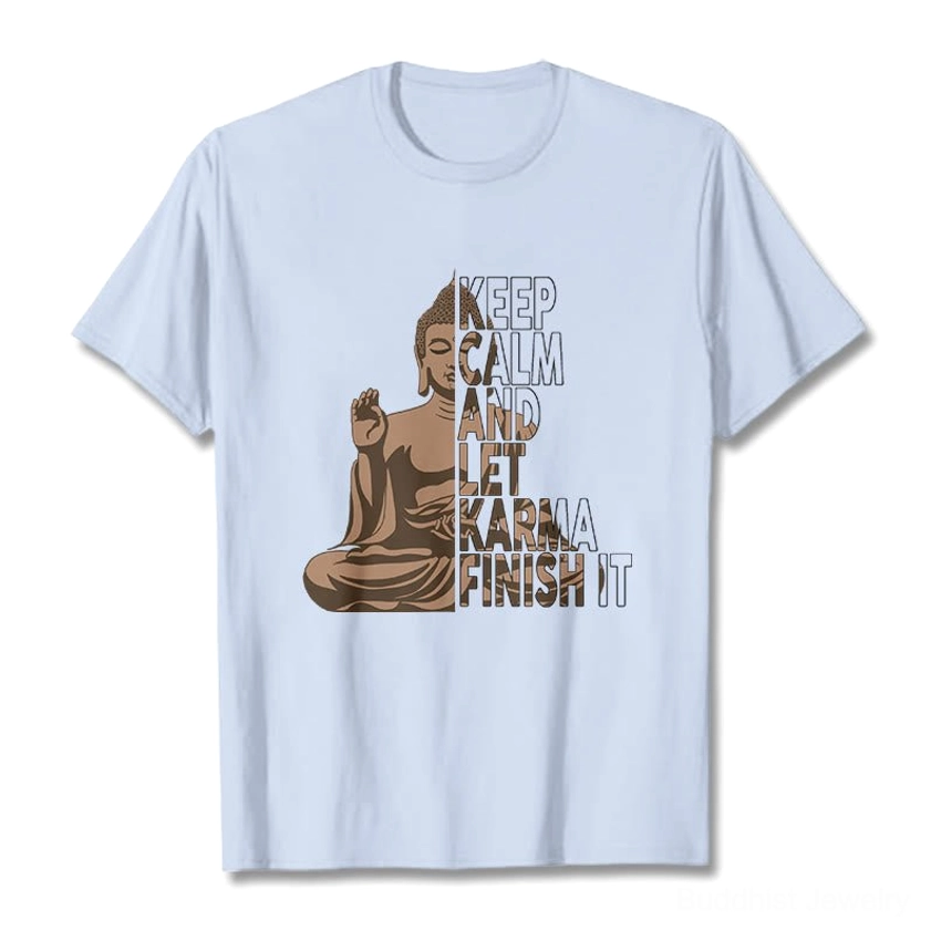 Light cyan Buddhist karma graphic t-shirt front display spiritual print design