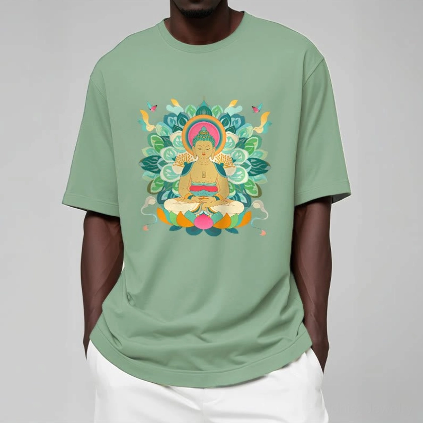 Light cyan blue Buddhist graphic t-shirt front flat lay universal fit unisex sizes available