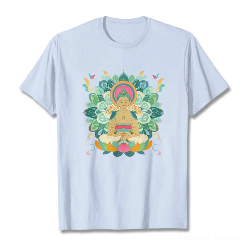 Light cyan blue Buddhist graphic t-shirt front flat lay with sacred butterfly lotus print
