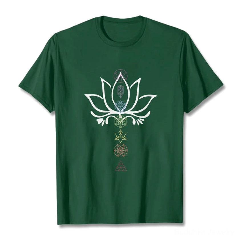 Light cyan lotus Buddhist tee flat lay front view cosmic mandala design