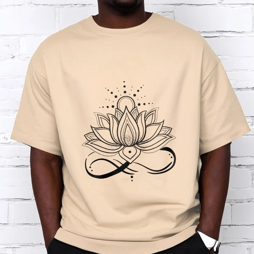 Light cyan lotus Buddhist t-shirt front view showing breathable cotton fabric and spiritual print design