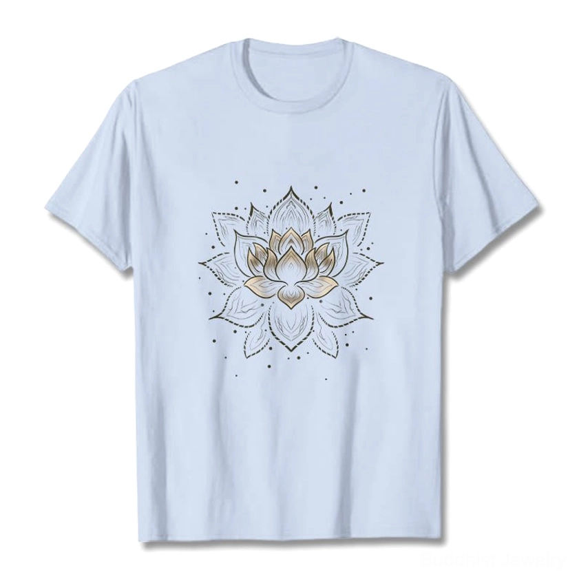 Light cyan lotus mandala t-shirt front view, Buddhist spiritual graphic on premium cotton