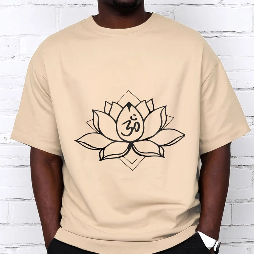 Light cyan blue Sacred Lotus Om Buddhist cotton t-shirt front view showing white ink print detail