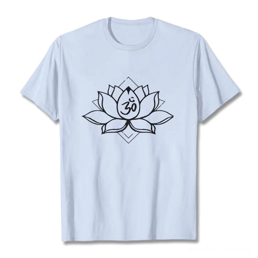 Light cyan Sacred Lotus Om Buddhist cotton t-shirt back view fabric quality and fit detail