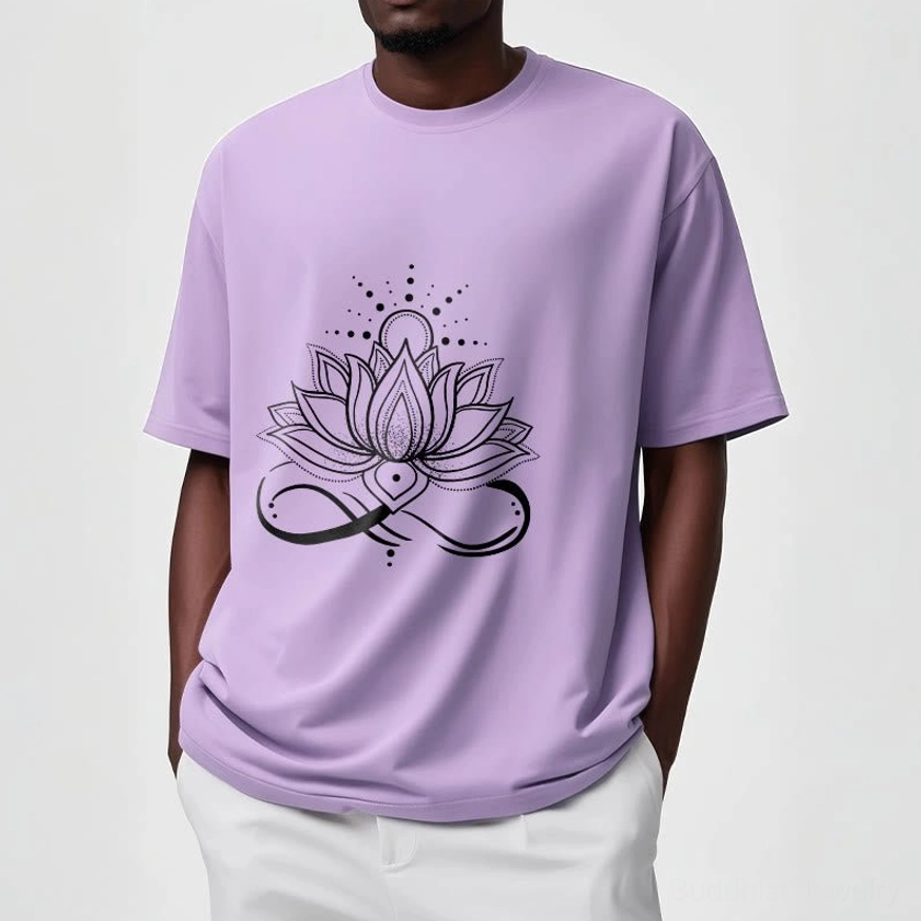 Light cyan lotus Buddhist t-shirt on model demonstrating color vibrancy and spiritual graphic appeal