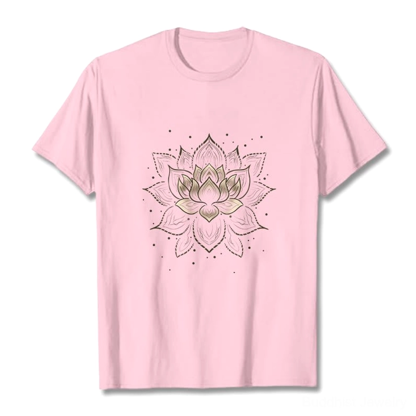 Light cyan lotus mandala t-shirt, Buddhist spiritual wear, comfortable crew neck cotton apparel