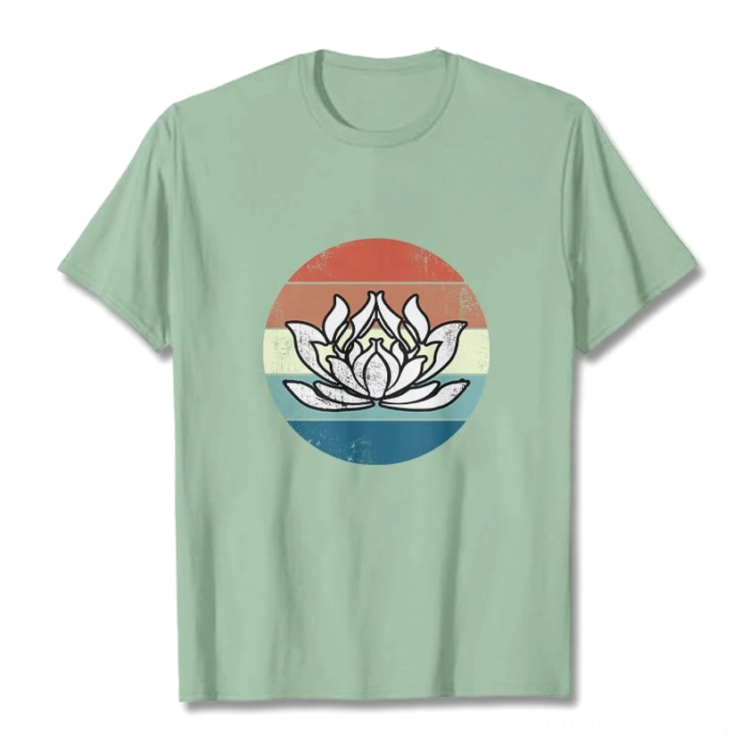 Light cyan sacred lotus graphic t-shirt detail showing retro striped pattern quality