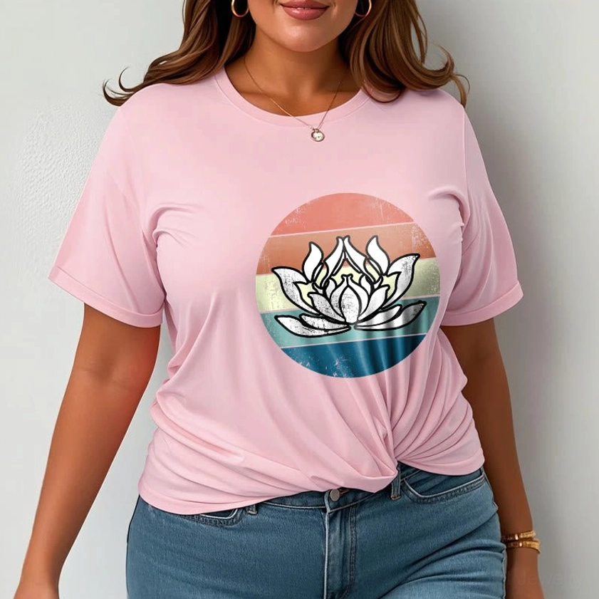 Light cyan lotus spiritual tee worn on female model relaxed casual outfit